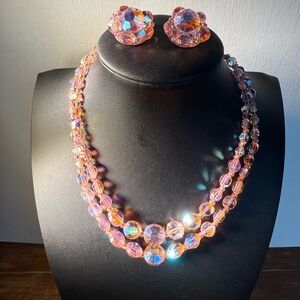 1950’s Pink Aurora Borealis Double Strand Crystal Necklace and Earrings Set